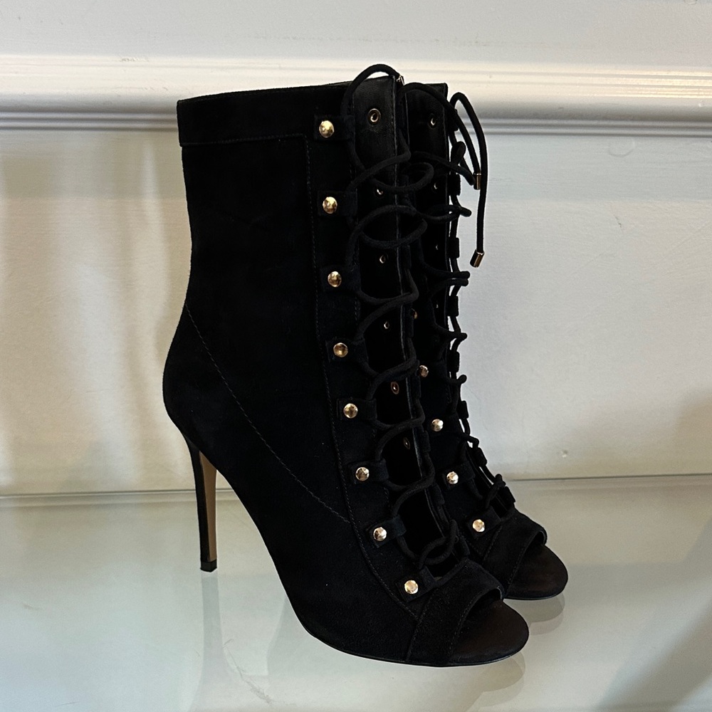 Elegant Black Suede Lace-Up Heeled Booties